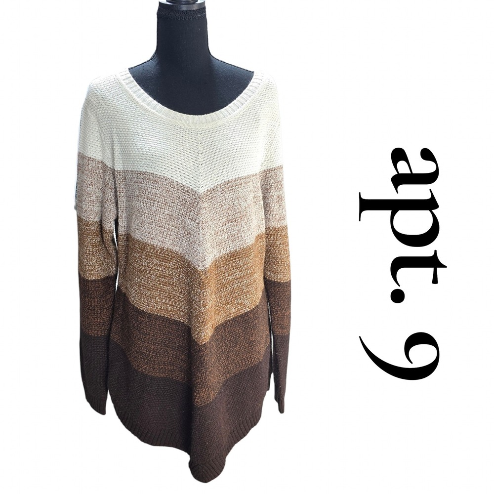 Apt. 9 Sweater Womens L Brown Cotton Blend Chevron Colorblock Sharkbite Boho